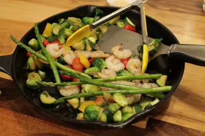 skillet with veggies and shrimp